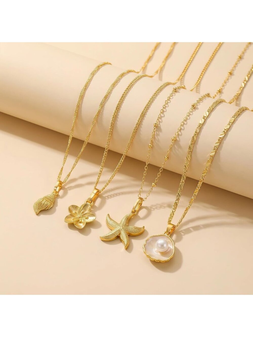 Women's Flower Glod Plated Layered Pendan Dainty Coastal Charm Starfish Necklace - Picture 6 of 7